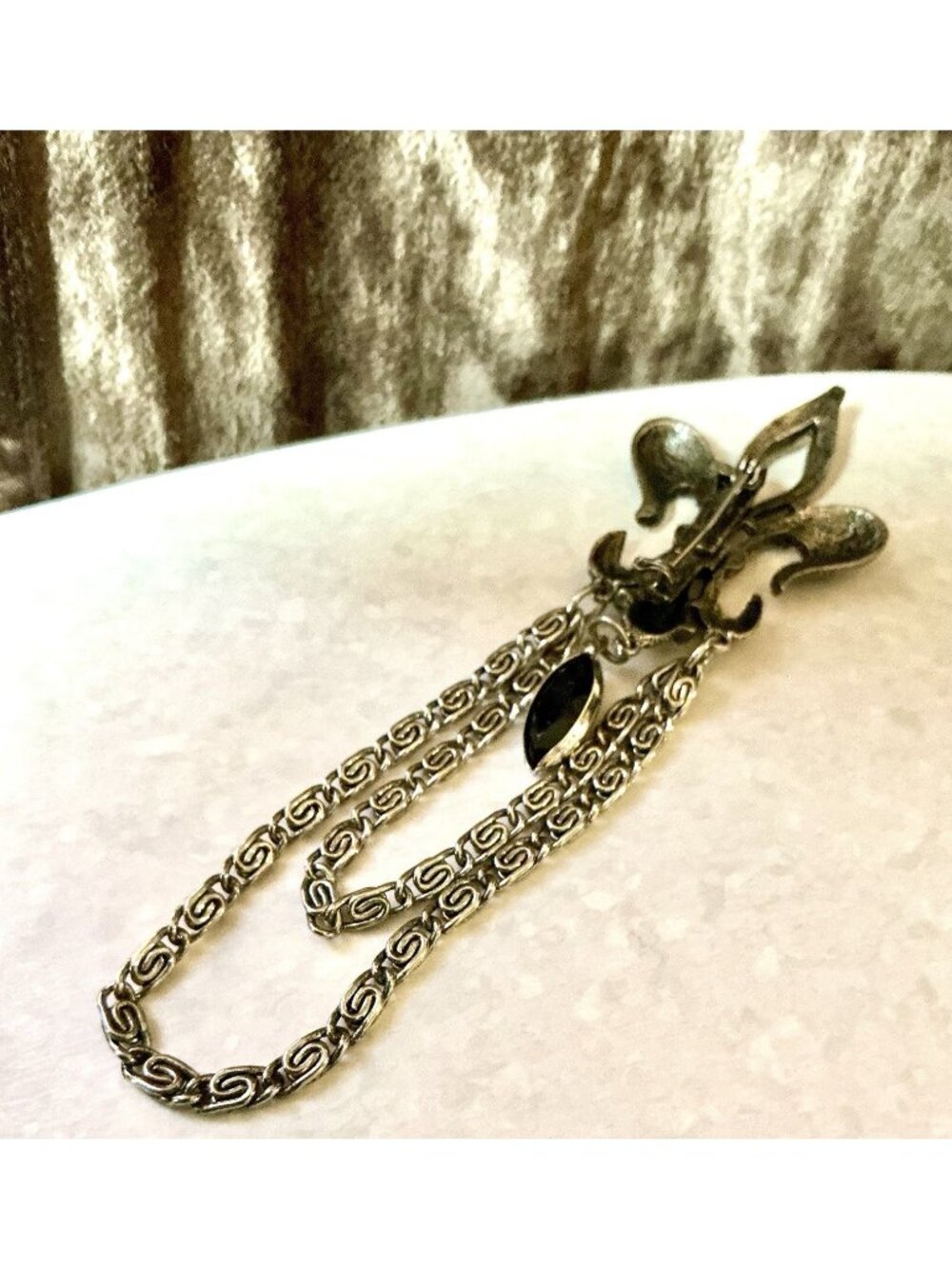 Vintage Dark Silver Tone Fleur De Lis Dangle Chain Brooch Marquise Black Bead